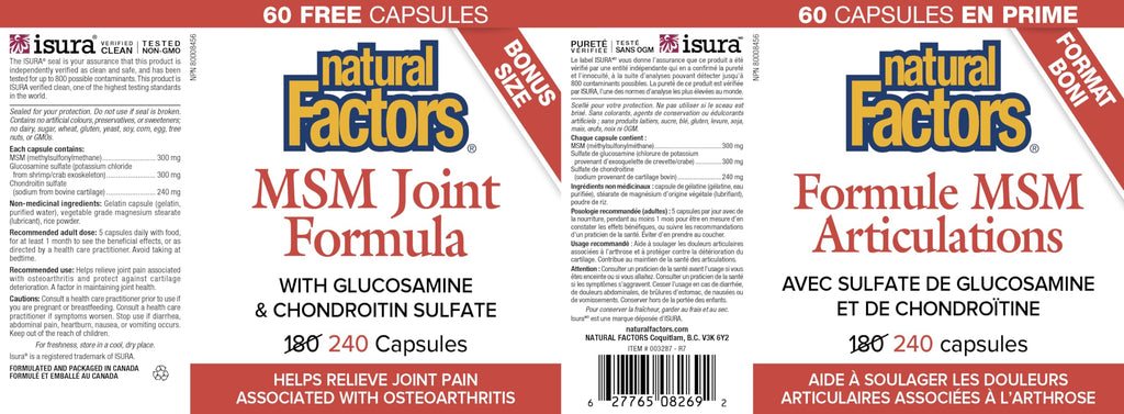 NATURAL FACTORS MSM Supplements Joint Formula, 240 Capsules
