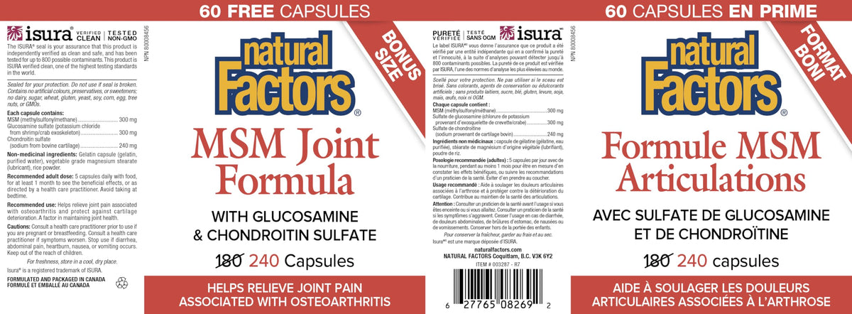 NATURAL FACTORS MSM Supplements Joint Formula, 240 Capsules