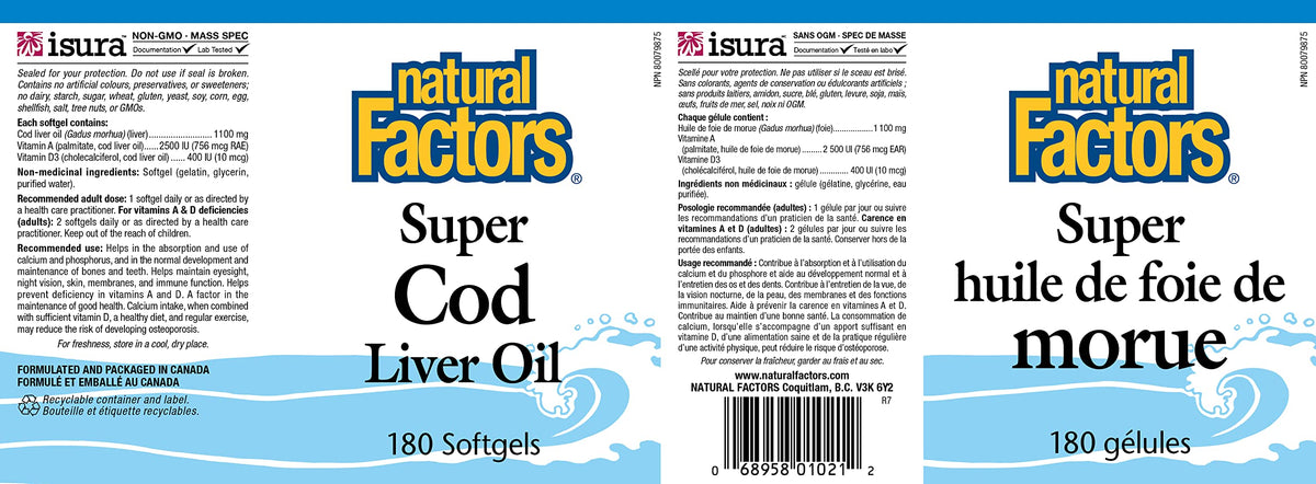 Natural Factors Super Cod Liver Oil Capsules 1100 mg 180 Softgels