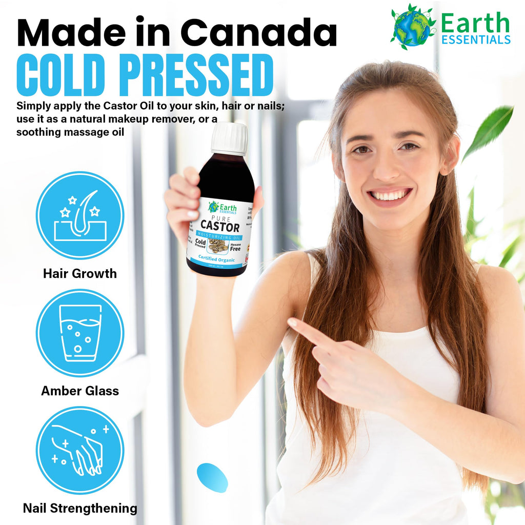 Earth Essentials Castor Oil 100% Pure Certified Organic Cold Pressed Hexane Free - 300ml 10 Oz Glasss Bottle