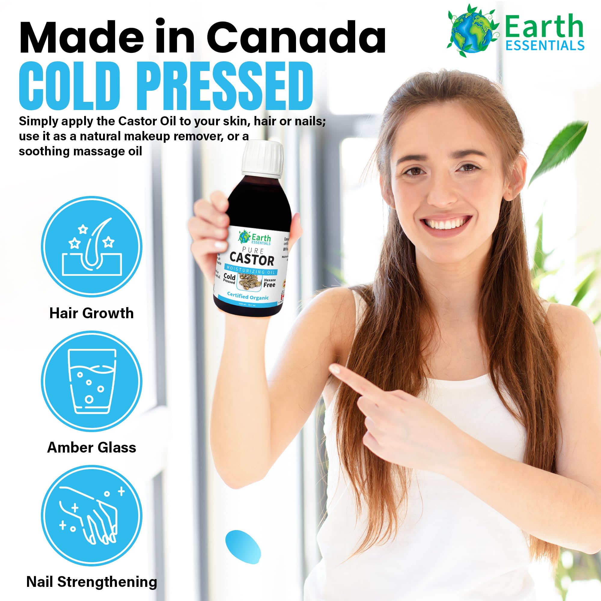 Earth Essentials Castor Oil 100% Pure Certified Organic Cold Pressed Hexane Free - 300ml 10 Oz Glasss Bottle