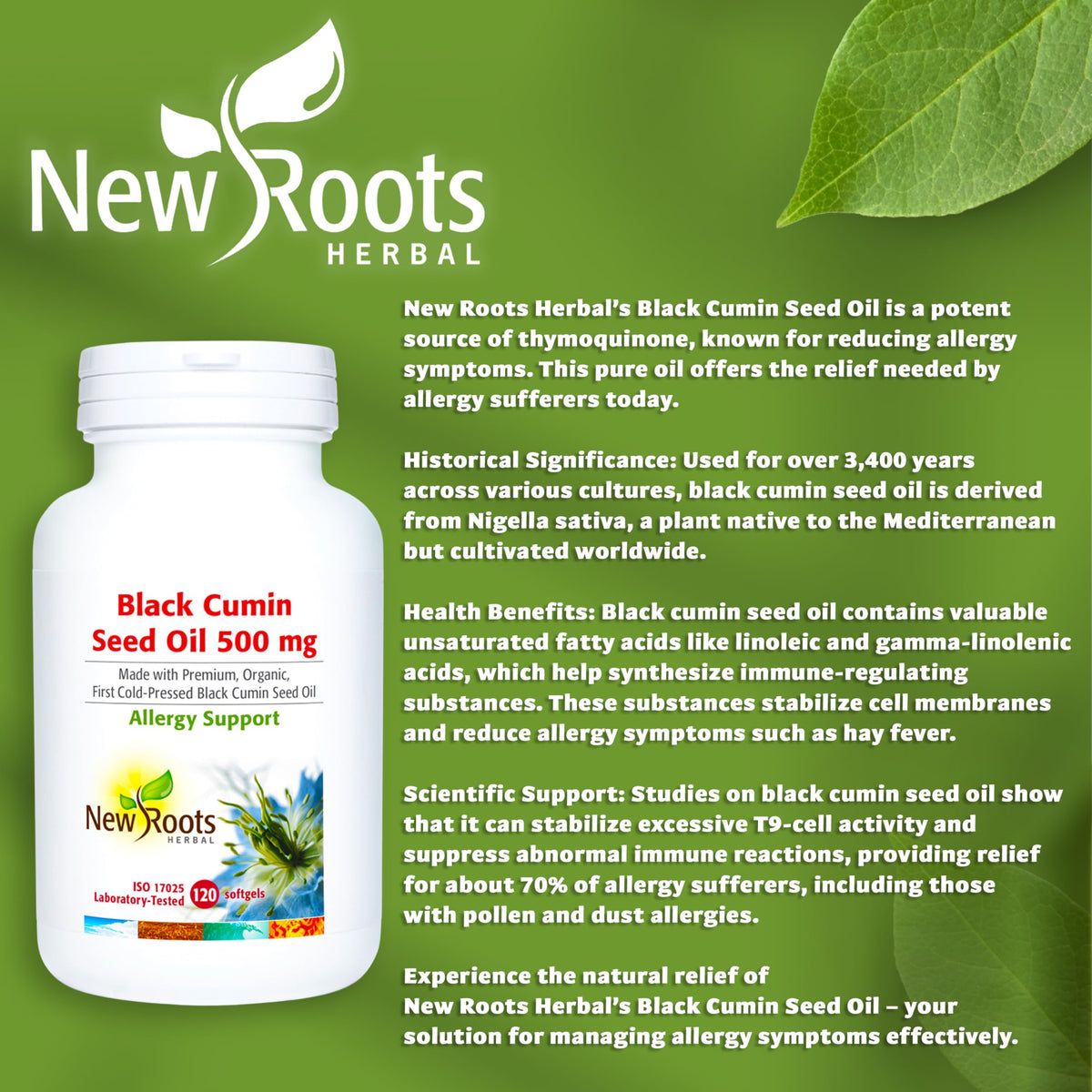 New Roots Herbal - Black Cumin Seed Oil - Nigella Sativa Black Cumin Seed Oil Organic Cold Pressed - Relieves Sneezing, Itchy Eyes, Stuffy Nose and Nasal Congestion