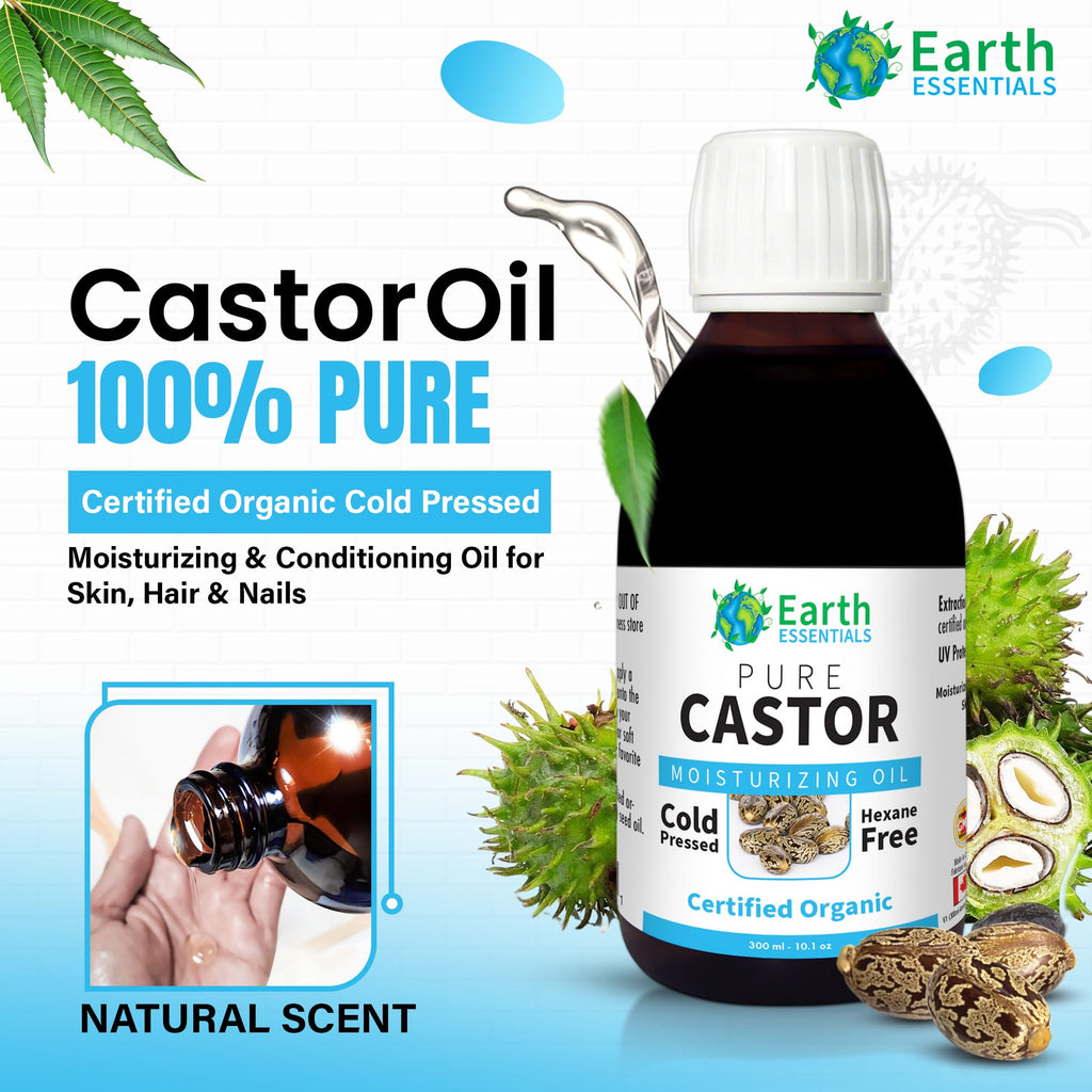 Earth Essentials Castor Oil 100% Pure Certified Organic Cold Pressed Hexane Free - 300ml 10 Oz Glasss Bottle