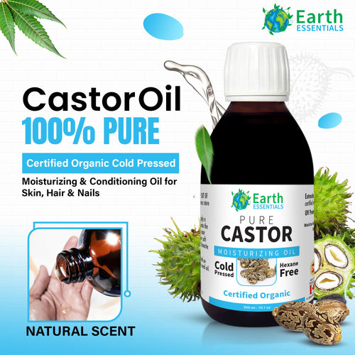 Earth Essentials Castor Oil 100% Pure Certified Organic Cold Pressed Hexane Free - 300ml 10 Oz Glasss Bottle