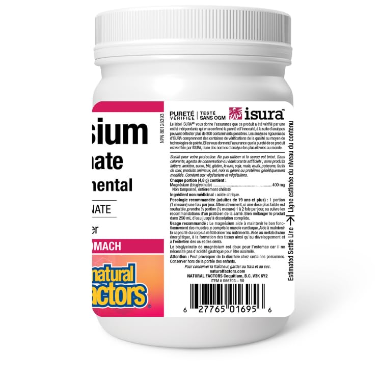 Natural Factors Magnesium Bisglycinate 400mg, 230g = 48 Day Supply