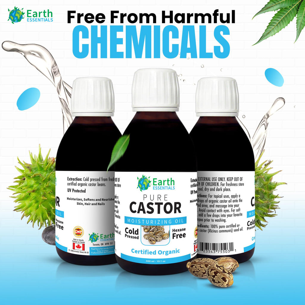 Earth Essentials Castor Oil 100% Pure Certified Organic Cold Pressed Hexane Free - 300ml 10 Oz Glasss Bottle
