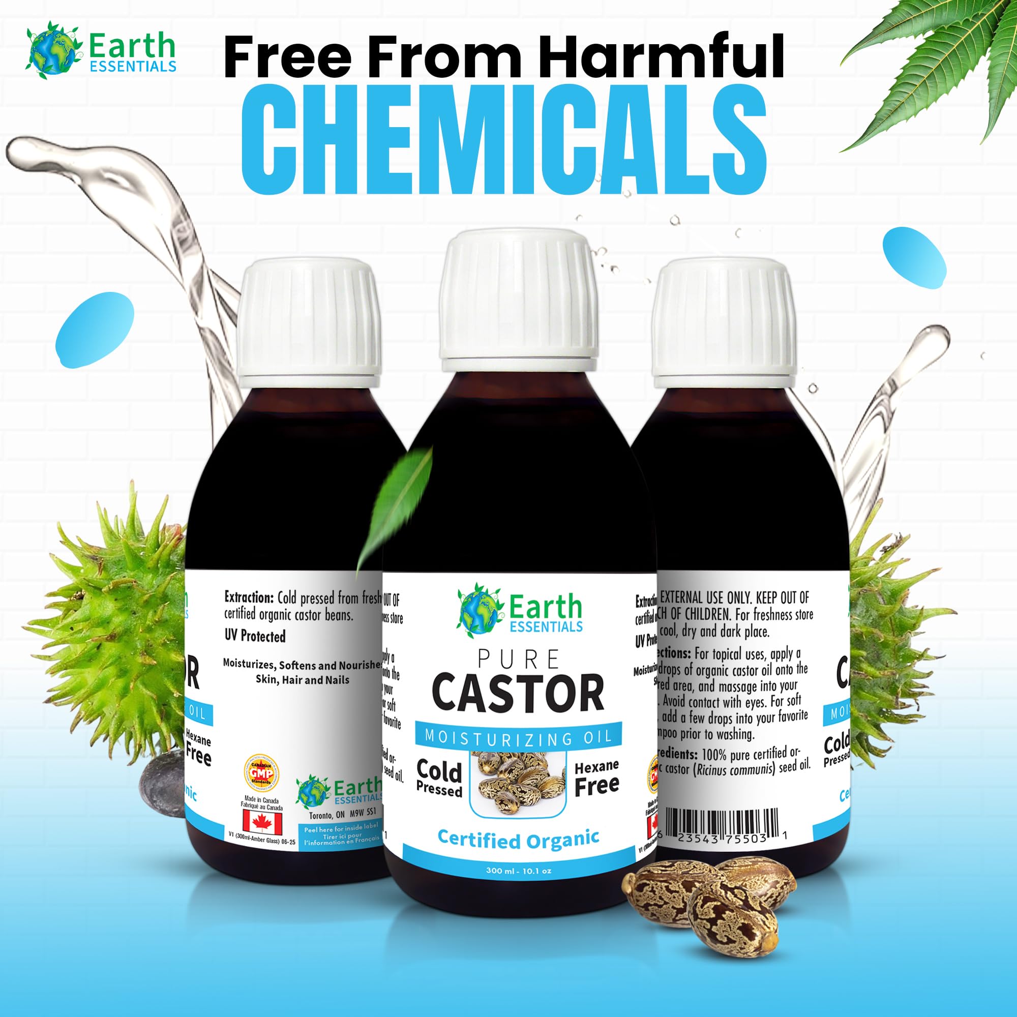 Earth Essentials Castor Oil 100% Pure Certified Organic Cold Pressed Hexane Free - 300ml 10 Oz Glasss Bottle