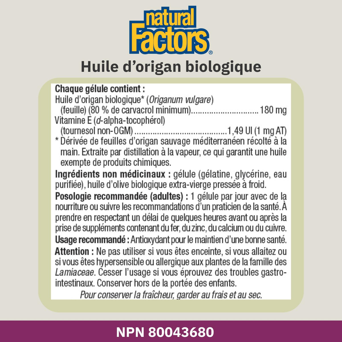 Natural Factors Oil of Oregano Softgels, 180 mg, Minimum 80% Carvacol, Provides Antioxidant Protection, Proudly Canadian