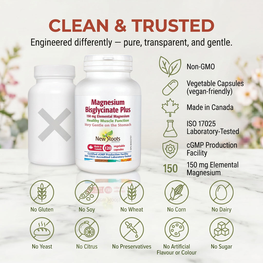 New Roots Herbal - Magnesium Bisglycinate Plus, 120 Capsules - 150mg Elemental Magnesium with L-Taurine Supplement - Magnesium Bisglycinate Chelate -Healthy Bones, Healthy Teeth & Muscle Cramps Relief