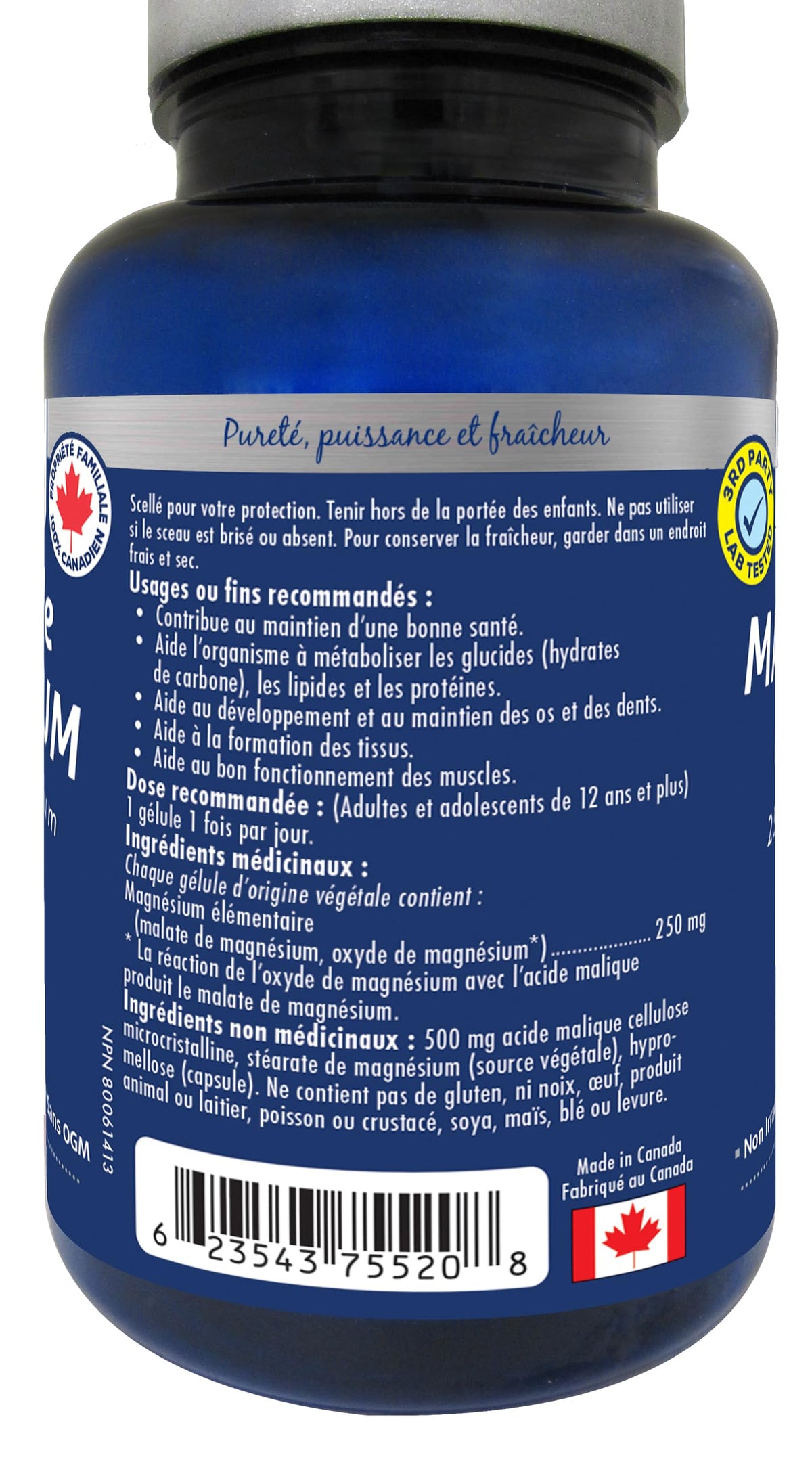 Naka Platinum MAGNESIUM MALATE 250 Of Elemental Magnesium Per 1 Capsule, Including 500 mg of Malic Acid, Made in Canada
