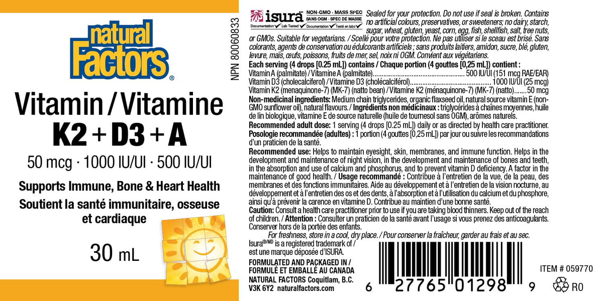 Natural Factors Vitamin D 1000IU, Vitamin K2 50mcg, Vitamin A 500IU, 30 ml