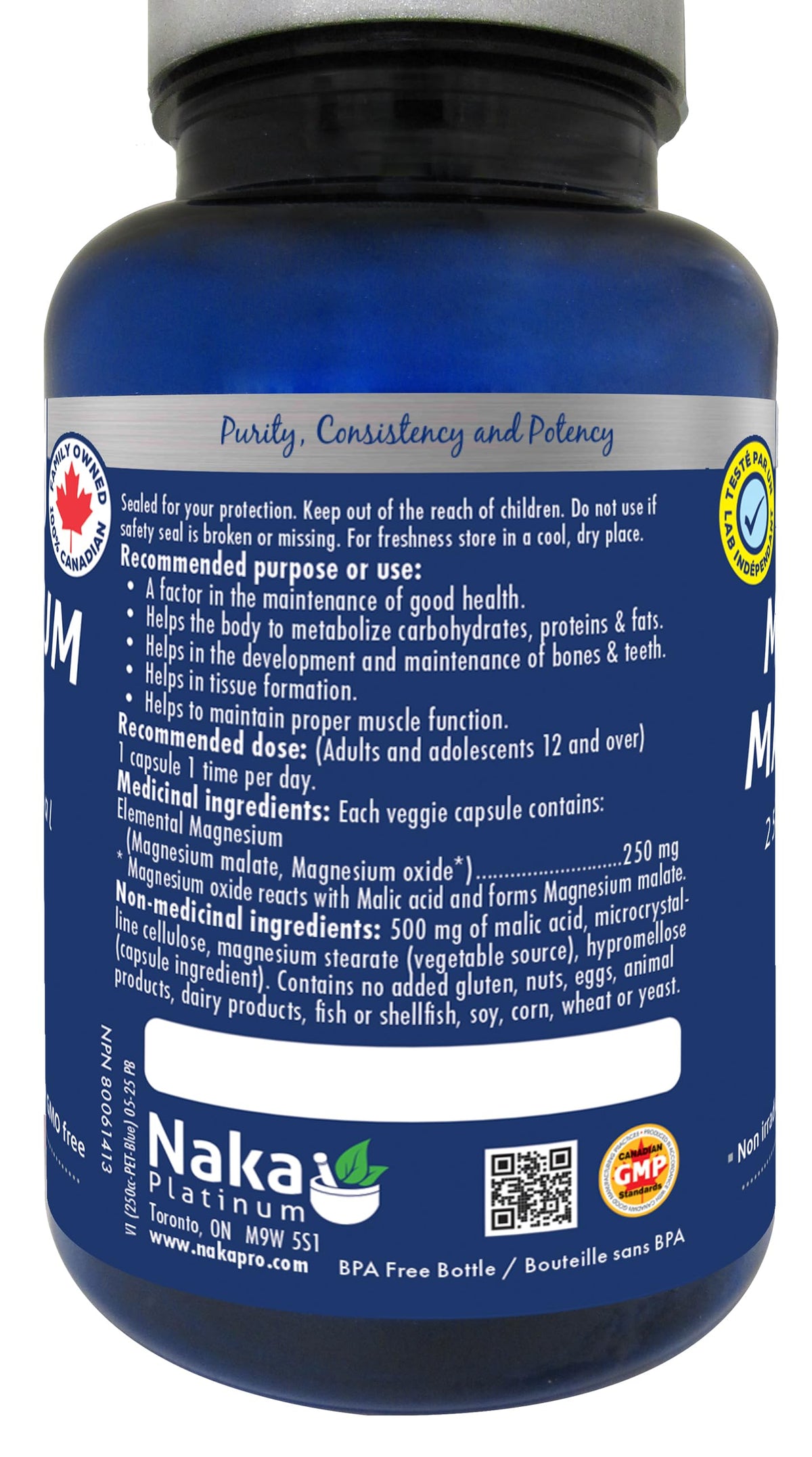 Naka Platinum MAGNESIUM MALATE 250 Of Elemental Magnesium Per 1 Capsule, Including 500 mg of Malic Acid, Made in Canada