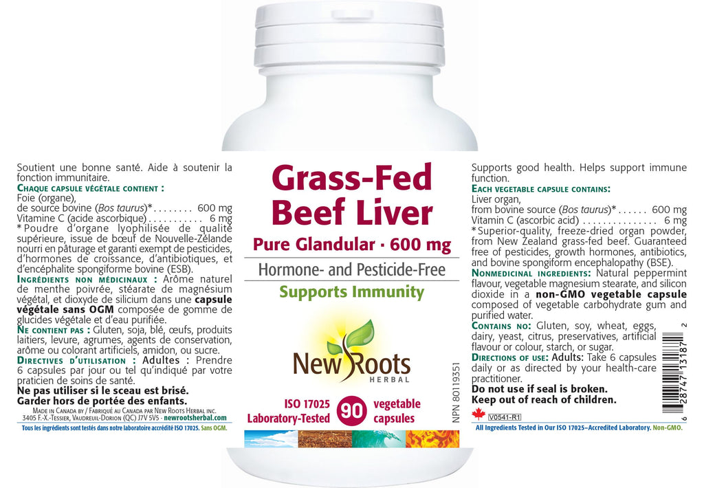 New Roots Herbal - Grass-Fed Beef Liver Pure Glandular 600mg, 90 Capsules - Helps to Maintain and Support Immune Function - Support Healthy Liver Function - Gluten-Free Formula