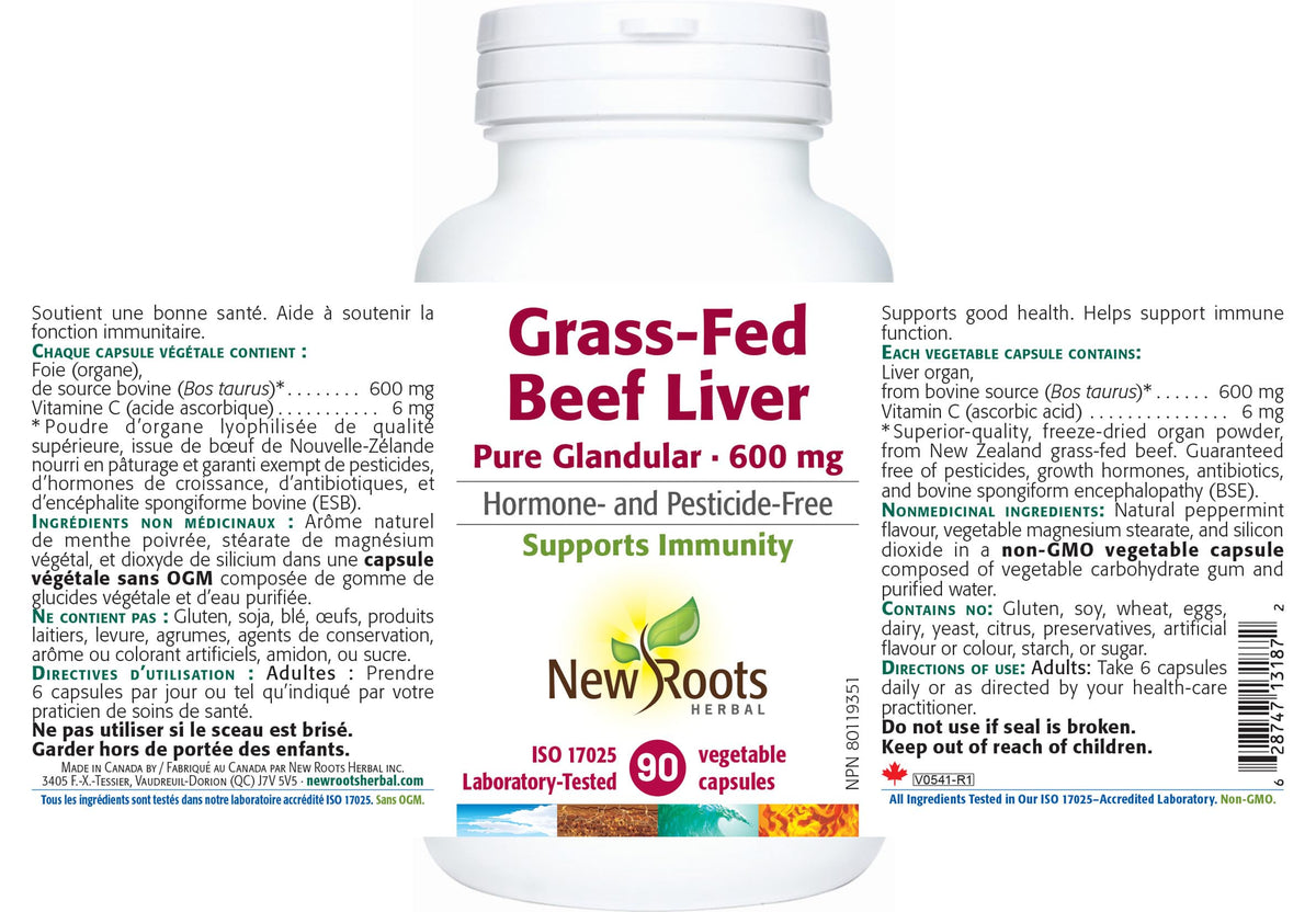 New Roots Herbal - Grass-Fed Beef Liver Pure Glandular 600mg, 90 Capsules - Helps to Maintain and Support Immune Function - Support Healthy Liver Function - Gluten-Free Formula