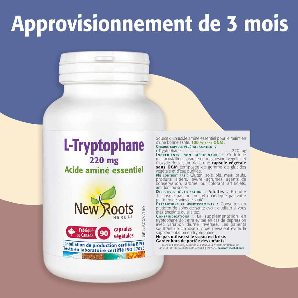 New Roots Herbal - L-Tryptophan 220mg, 90 Capsules - Source of an Essential Amino for the Maintenance of Good Health
