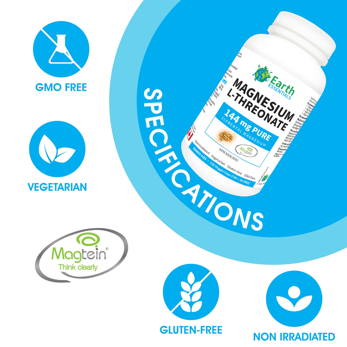 Earth Essentials Magnesium L-Threonate Magtein 2,000 mg per serving144 elemental Magnesium - BONUS Size 150 Veggie Caps (120+30 FREE)