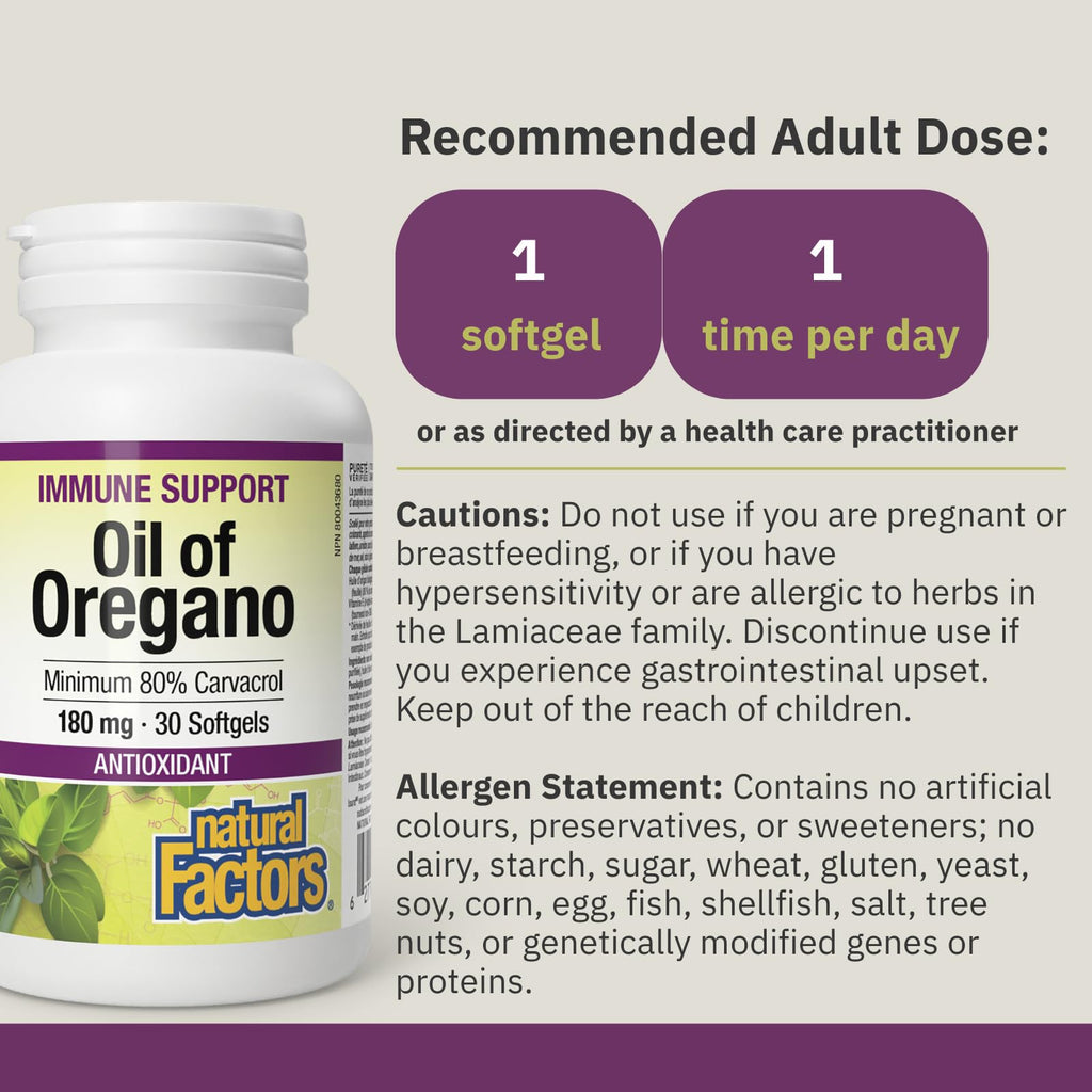 Natural Factors Oil of Oregano Softgels, 180 mg, Minimum 80% Carvacol, Provides Antioxidant Protection, Proudly Canadian