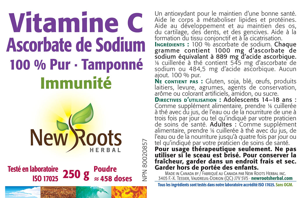New Roots Herbal Pure Vitamin C Sodium Ascorbate Powder 250g, Buffered & Gentle on Stomach, Supports Healthy Bones, Teeth, Gums & Cartilage, 458 Servings