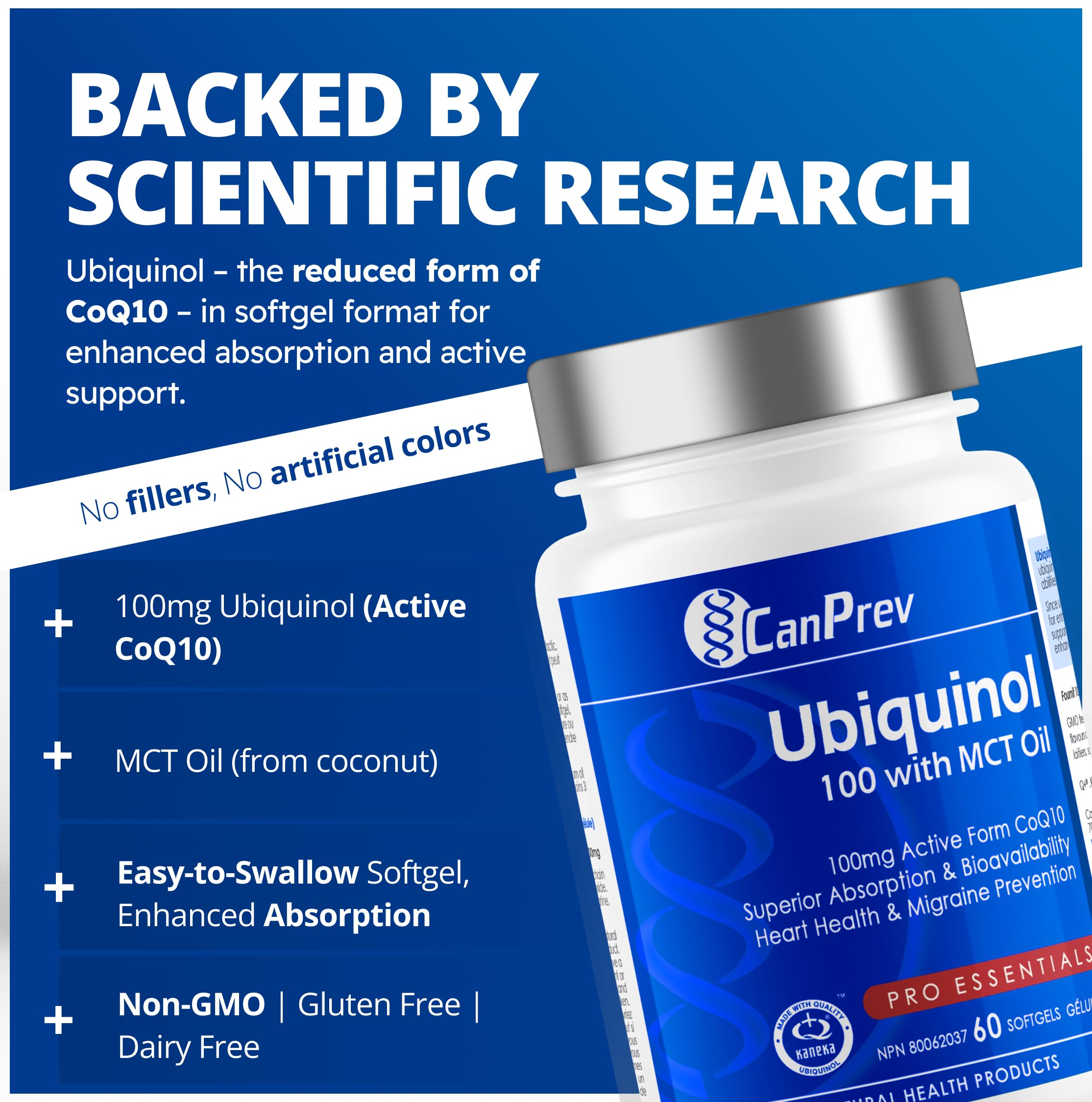 CanPrev Ubiquinol 100mg with MCT Oil, 60 Softgels, 2-Month Supply, CoQ10 Supplement for Heart & Cardiovascular Support, Enhanced Absorption, Non-GMO & Gluten Free, Coenzyme Q10 for Energy & Vitality