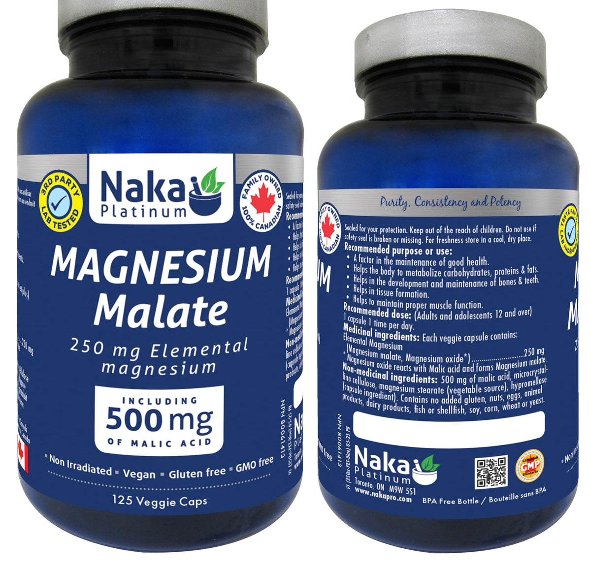 Naka Platinum MAGNESIUM MALATE 250 Of Elemental Magnesium Per 1 Capsule, Including 500 mg of Malic Acid, Made in Canada