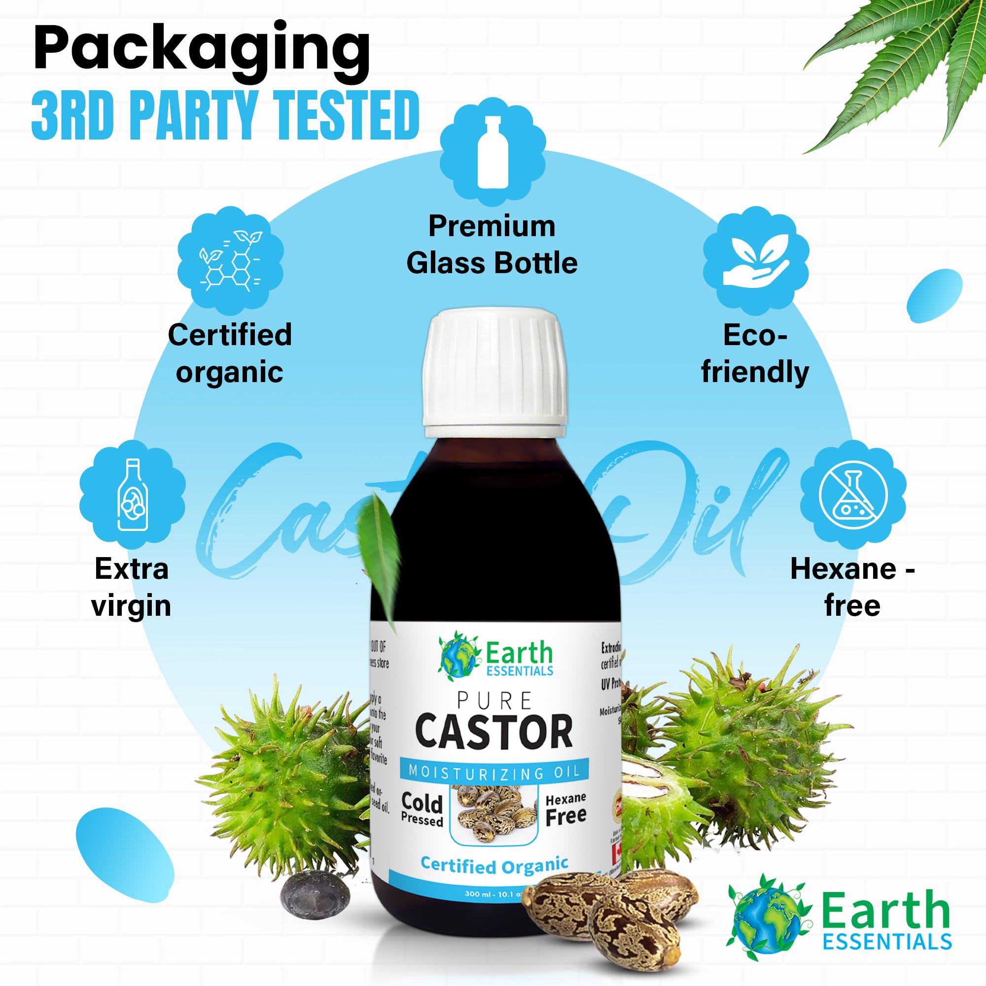 Earth Essentials Castor Oil 100% Pure Certified Organic Cold Pressed Hexane Free - 300ml 10 Oz Glasss Bottle