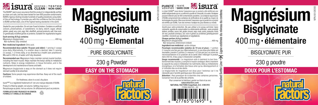 Natural Factors Magnesium Bisglycinate 400mg, 230g = 48 Day Supply