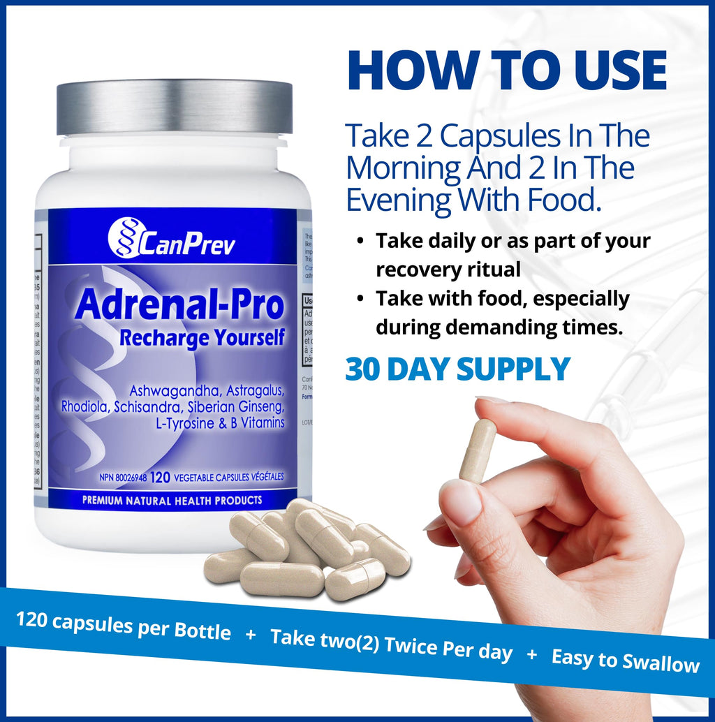 CanPrev Adrenal-Pro Recharge Yourself, 120 Vegan V-Caps with Siberian Ginseng, 30-Day Supply with Ashwagandha, Astragalus, L-Tyrosine, B5 & B6 - Supports Energy Levels, Physical and Mental Vitality