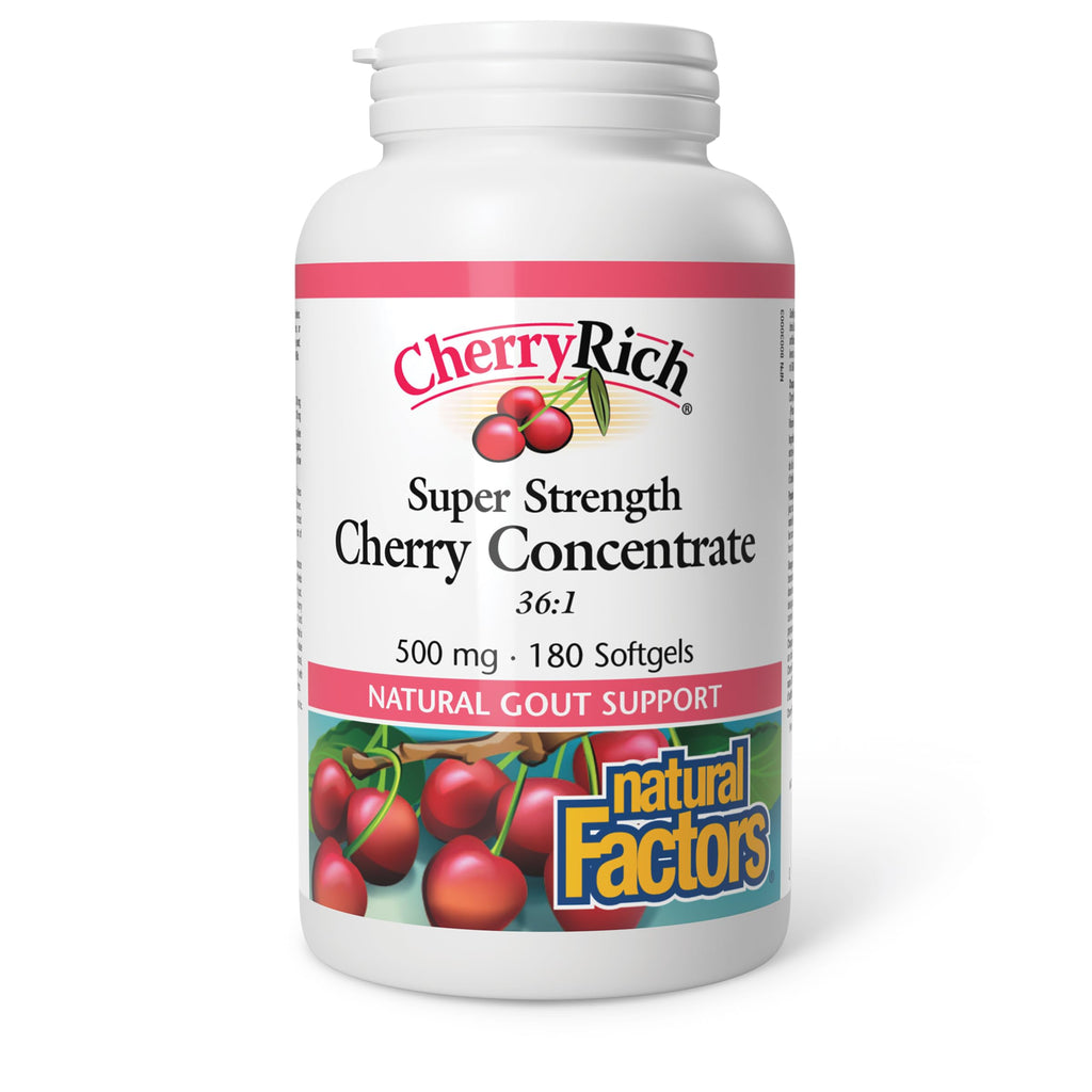 Natural Factors CherryRich SUPER STRENGTH Cherry Concentrate 500 mg 36:1 = 18,000 mg, 180 Softgels, Natural Gout Support, Proudly Canadian