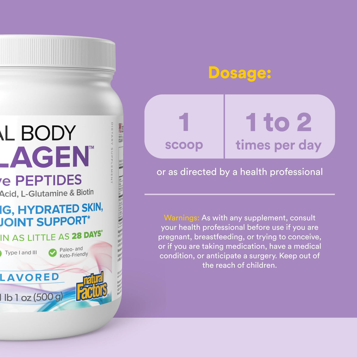 Natural Factors - Total Body Collagen Bioactive Peptides Unflavoured, 500g Powder - Complete Amino Acid Supplement with Hyaluronic Acid, Glutamine and Biotin - Hydrated Skin, Muscle & Joint Recovery