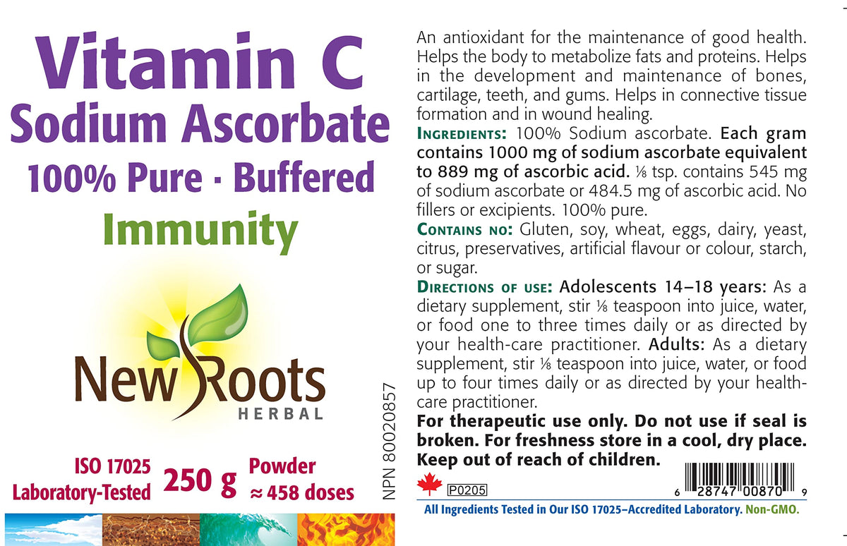 New Roots Herbal Pure Vitamin C Sodium Ascorbate Powder 250g, Buffered & Gentle on Stomach, Supports Healthy Bones, Teeth, Gums & Cartilage, 458 Servings