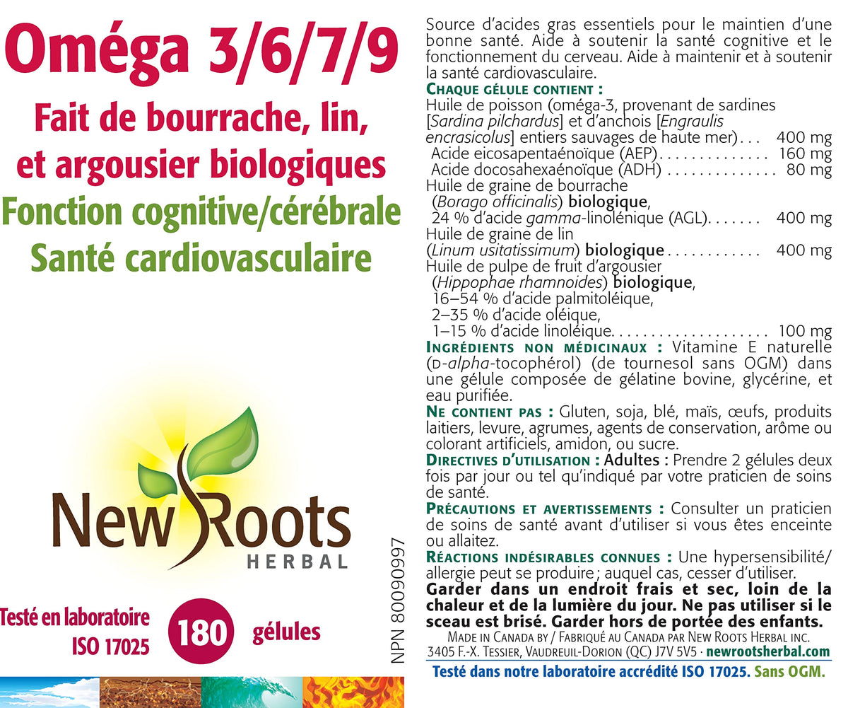 New Roots Herbal Omega 3/6/7/9, 180 Softgels, 45-Day Supply, Organic Borage, Flaxseed & Sea Buckthorn Blend, Supports Heart Function & Cognitive Wellness, Non-GMO, No Fishy Aftertaste, Easy-to-Swallow