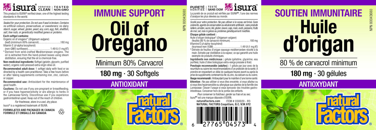 Natural Factors Oil of Oregano Softgels, 180 mg, Minimum 80% Carvacol, Provides Antioxidant Protection, Proudly Canadian