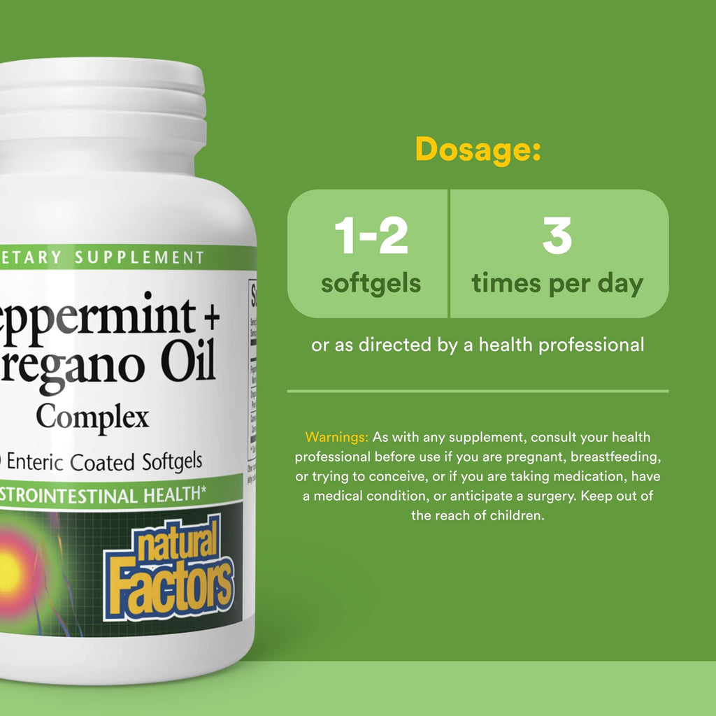 Natural Factors Peppermint Oil with Oregano and Caraway Seed Oil Enteric Coated 60 Softgels