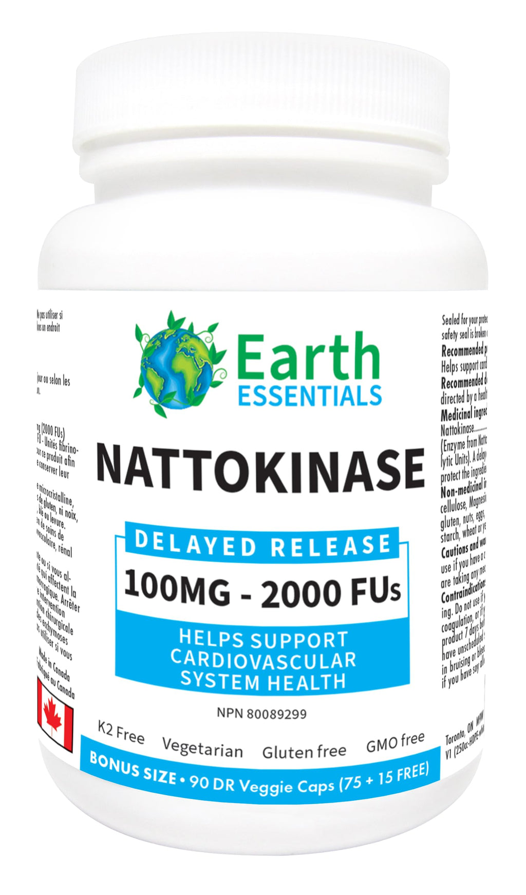 Earth Essentials Nattokinase Super Bonus Size 90 Veggie Caps (75+15 FREE) 100 mg - 2000 FUs Delayed Release Supports Cardiovascular Health and Normal Blood Flow.