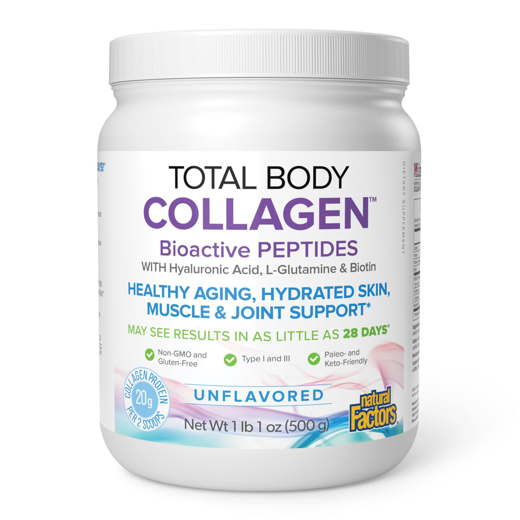 Natural Factors - Total Body Collagen Bioactive Peptides Unflavoured, 500g Powder - Complete Amino Acid Supplement with Hyaluronic Acid, Glutamine and Biotin - Hydrated Skin, Muscle & Joint Recovery