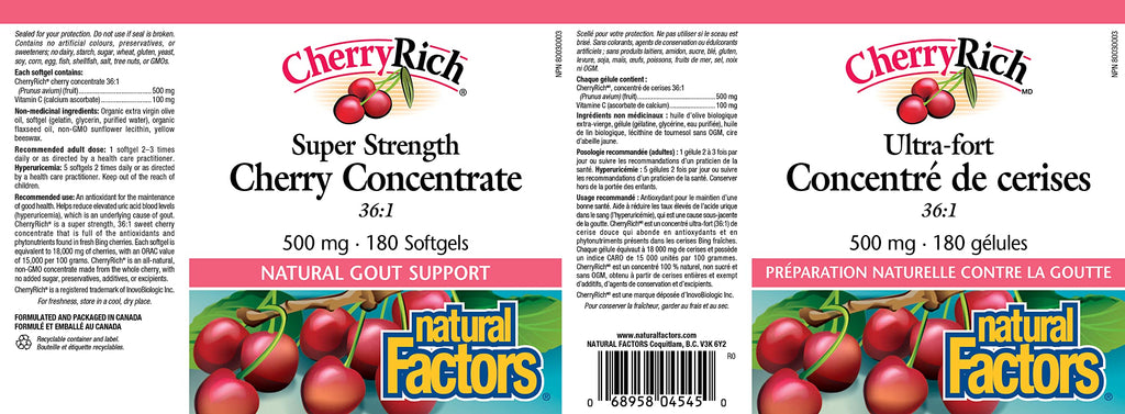 Natural Factors CherryRich SUPER STRENGTH Cherry Concentrate 500 mg 36:1 = 18,000 mg, 180 Softgels, Natural Gout Support, Proudly Canadian