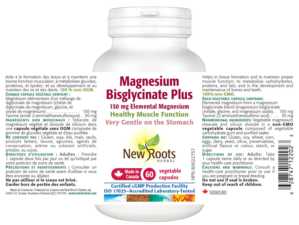 New Roots Herbal - Magnesium Bisglycinate Plus, 120 Capsules - 150mg Elemental Magnesium with L-Taurine Supplement - Magnesium Bisglycinate Chelate -Healthy Bones, Healthy Teeth & Muscle Cramps Relief
