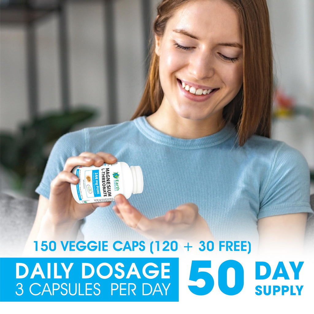 Earth Essentials Magnesium L-Threonate Magtein 2,000 mg per serving144 elemental Magnesium - BONUS Size 150 Veggie Caps (120+30 FREE)