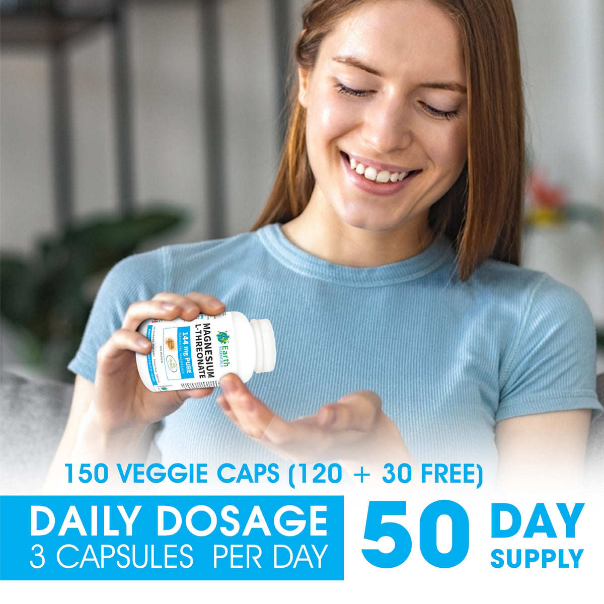 Earth Essentials Magnesium L-Threonate Magtein 2,000 mg per serving144 elemental Magnesium - BONUS Size 150 Veggie Caps (120+30 FREE)