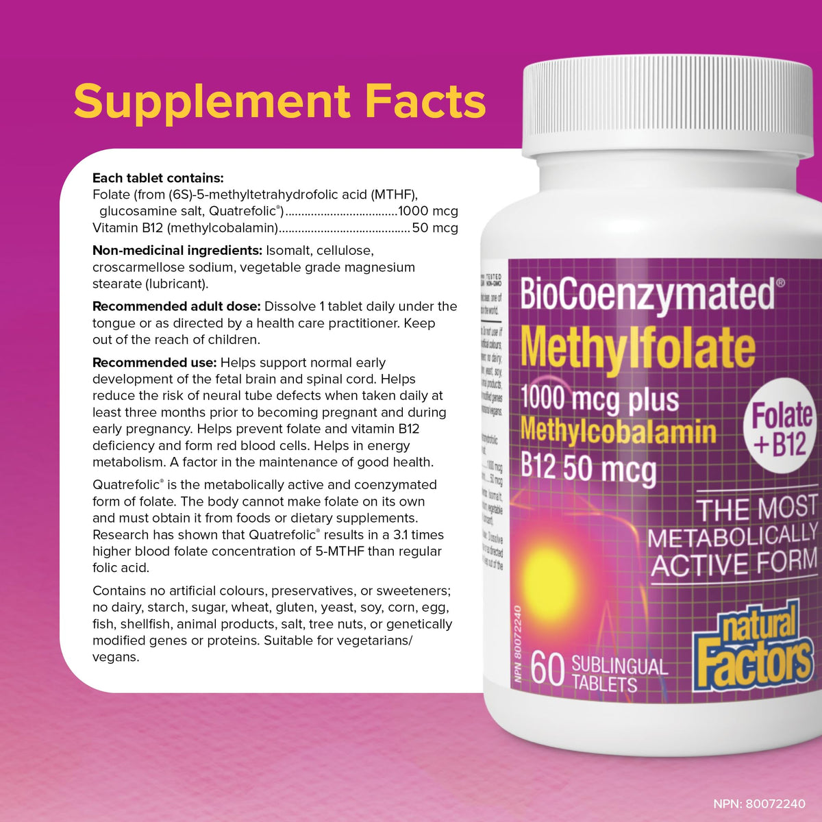 Natural Factors Methylfolate 1 mg Methylcobalamin B12 50 mcg 60 CT