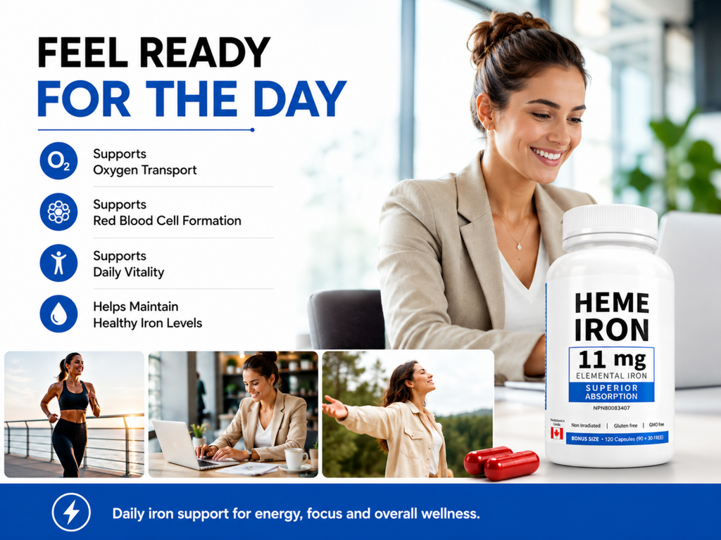 Earth Essentials Heme Iron 11 mg Elemental Iron, Superior Absorption, Made in Canada, 120 Capsules (90+30 Free)