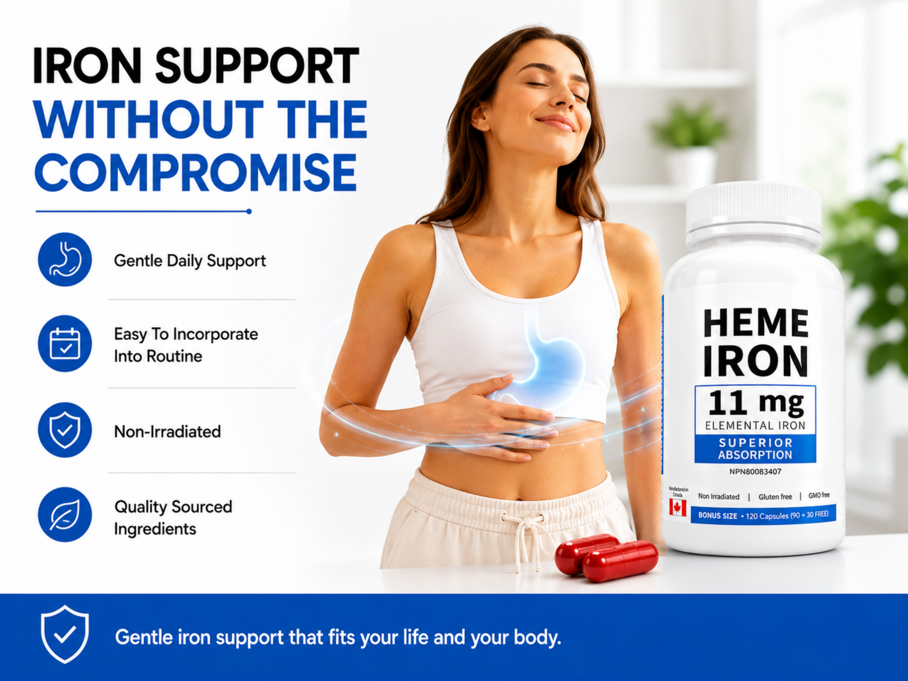 Earth Essentials Heme Iron 11 mg Elemental Iron, Superior Absorption, Made in Canada, 120 Capsules (90+30 Free)