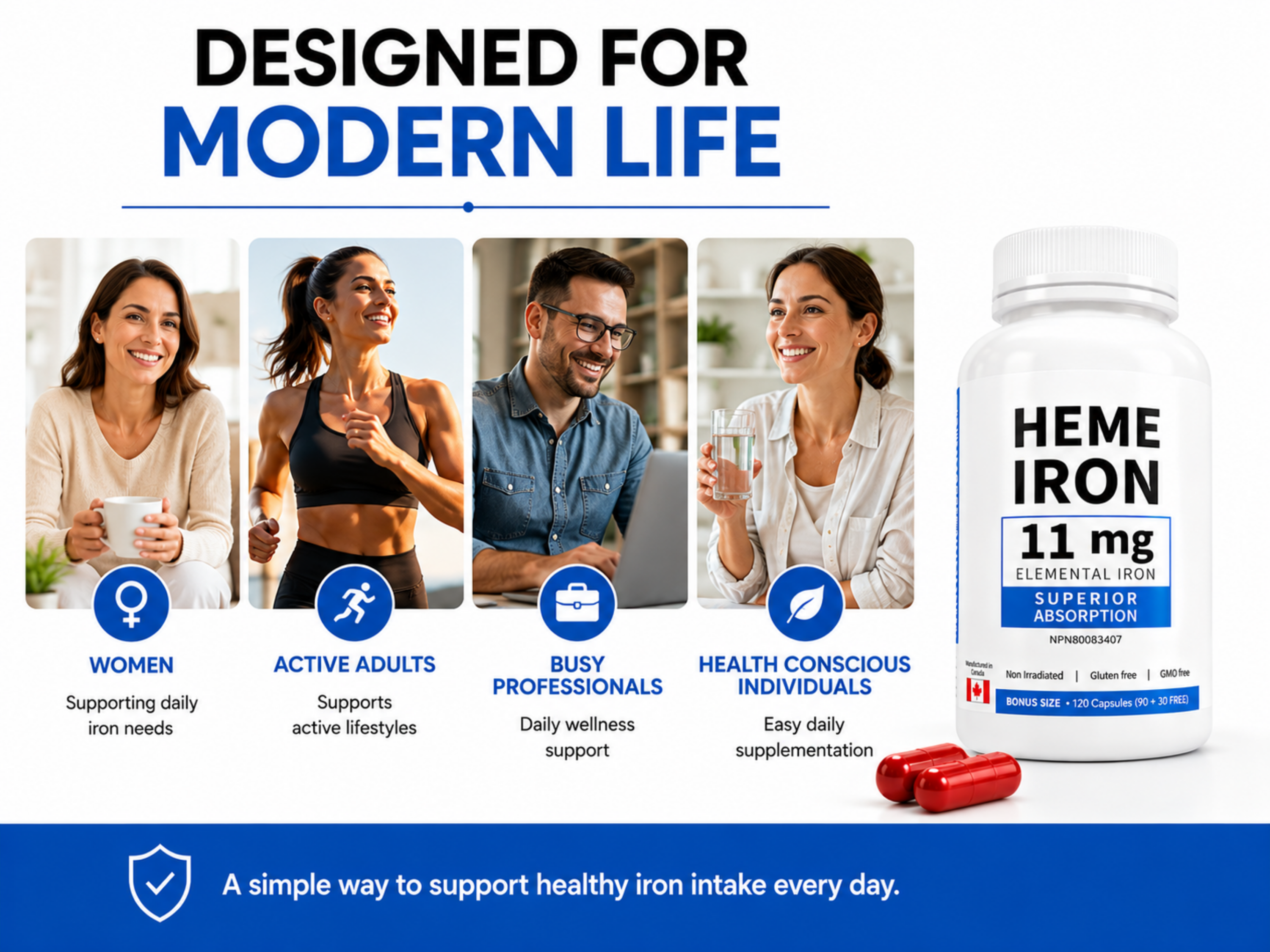 Earth Essentials Heme Iron 11 mg Elemental Iron, Superior Absorption, Made in Canada, 120 Capsules (90+30 Free)