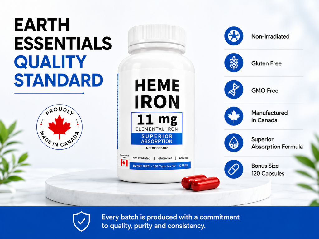 Earth Essentials Heme Iron 11 mg Elemental Iron, Superior Absorption, Made in Canada, 120 Capsules (90+30 Free)