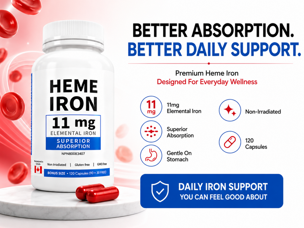 Earth Essentials Heme Iron 11 mg Elemental Iron, Superior Absorption, Made in Canada, 120 Capsules (90+30 Free)