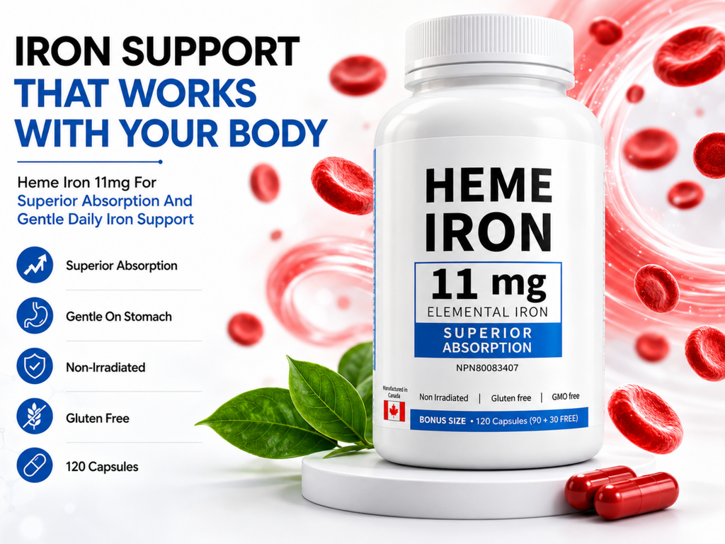 Earth Essentials Heme Iron 11 mg Elemental Iron, Superior Absorption, Made in Canada, 120 Capsules (90+30 Free)