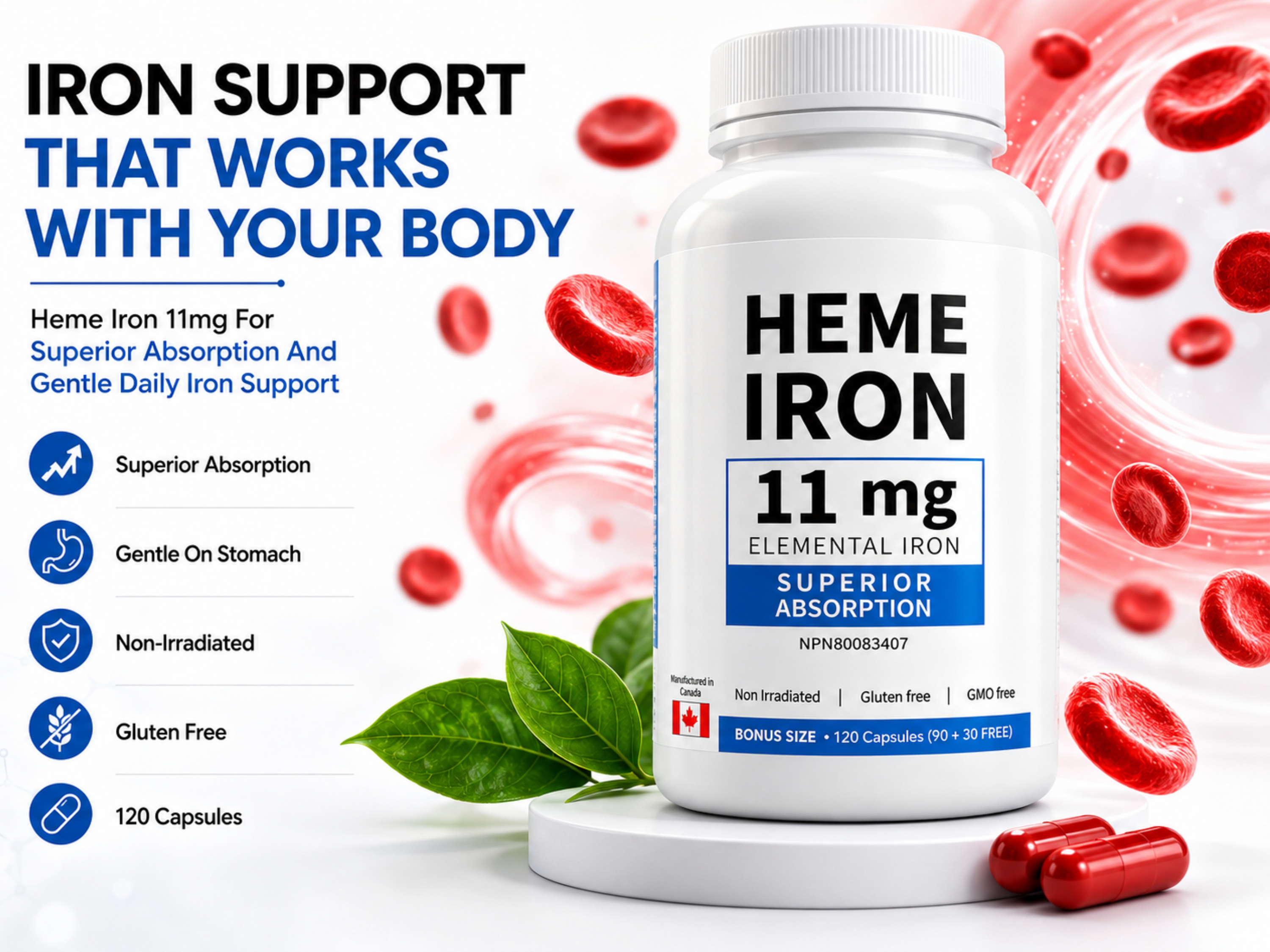Earth Essentials Heme Iron 11 mg Elemental Iron, Superior Absorption, Made in Canada, 120 Capsules (90+30 Free)