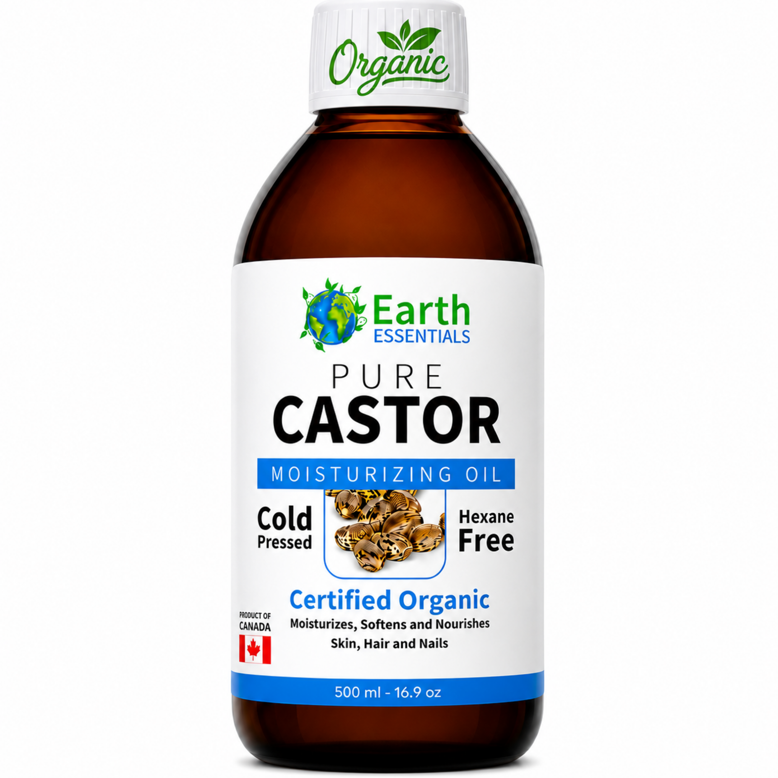 Earth Essentials Castor Oil 100% Pure Certified Organic Cold Pressed Hexane Free - 500ml 16.9 Oz