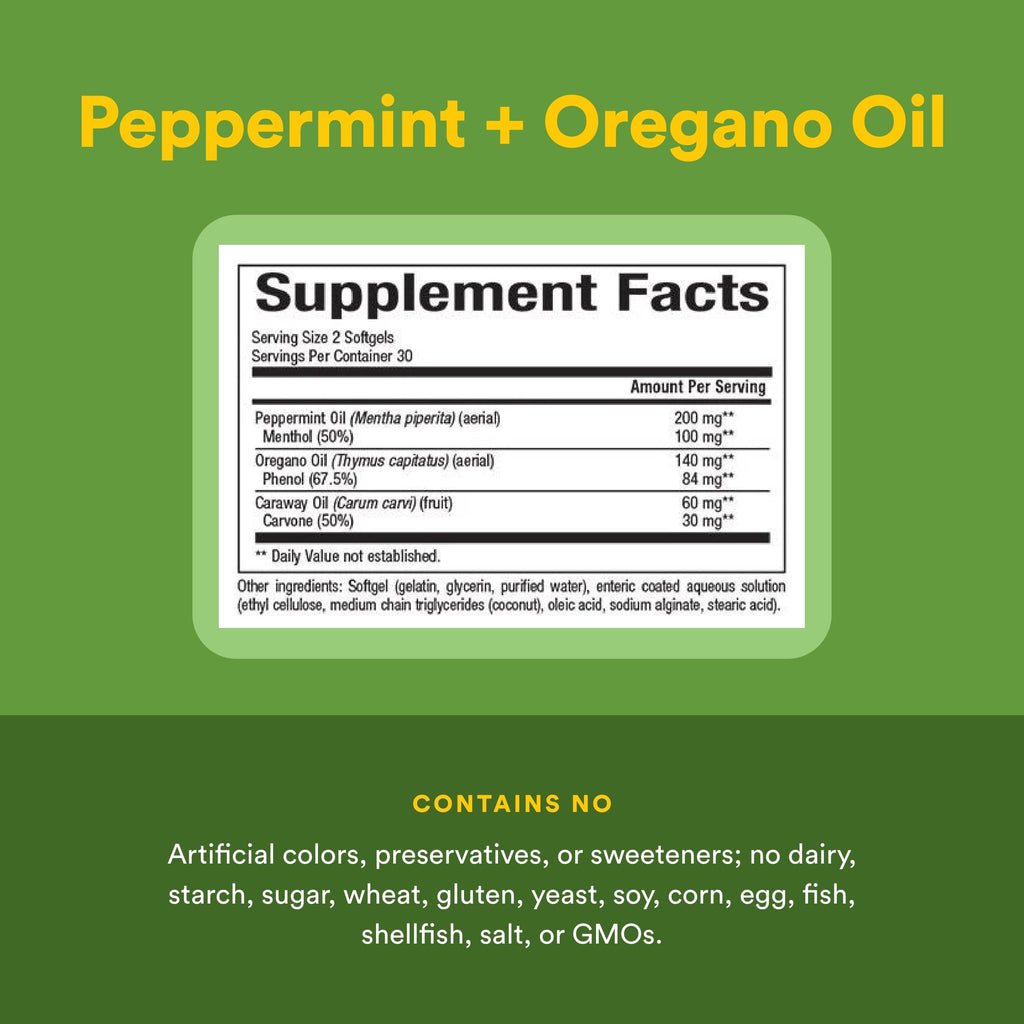 Natural Factors Peppermint Oil with Oregano and Caraway Seed Oil Enteric Coated 60 Softgels