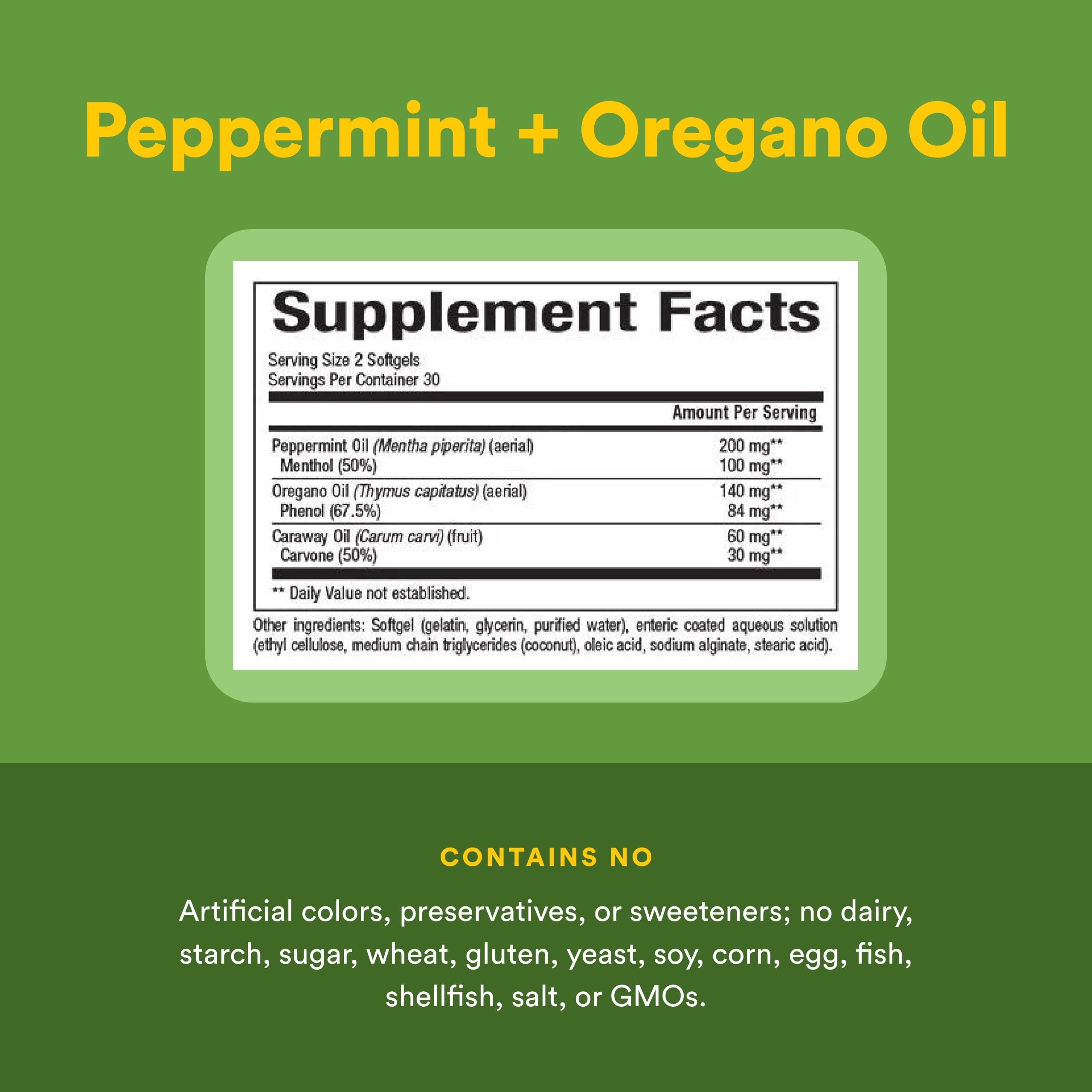 Natural Factors Peppermint Oil with Oregano and Caraway Seed Oil Enteric Coated 60 Softgels